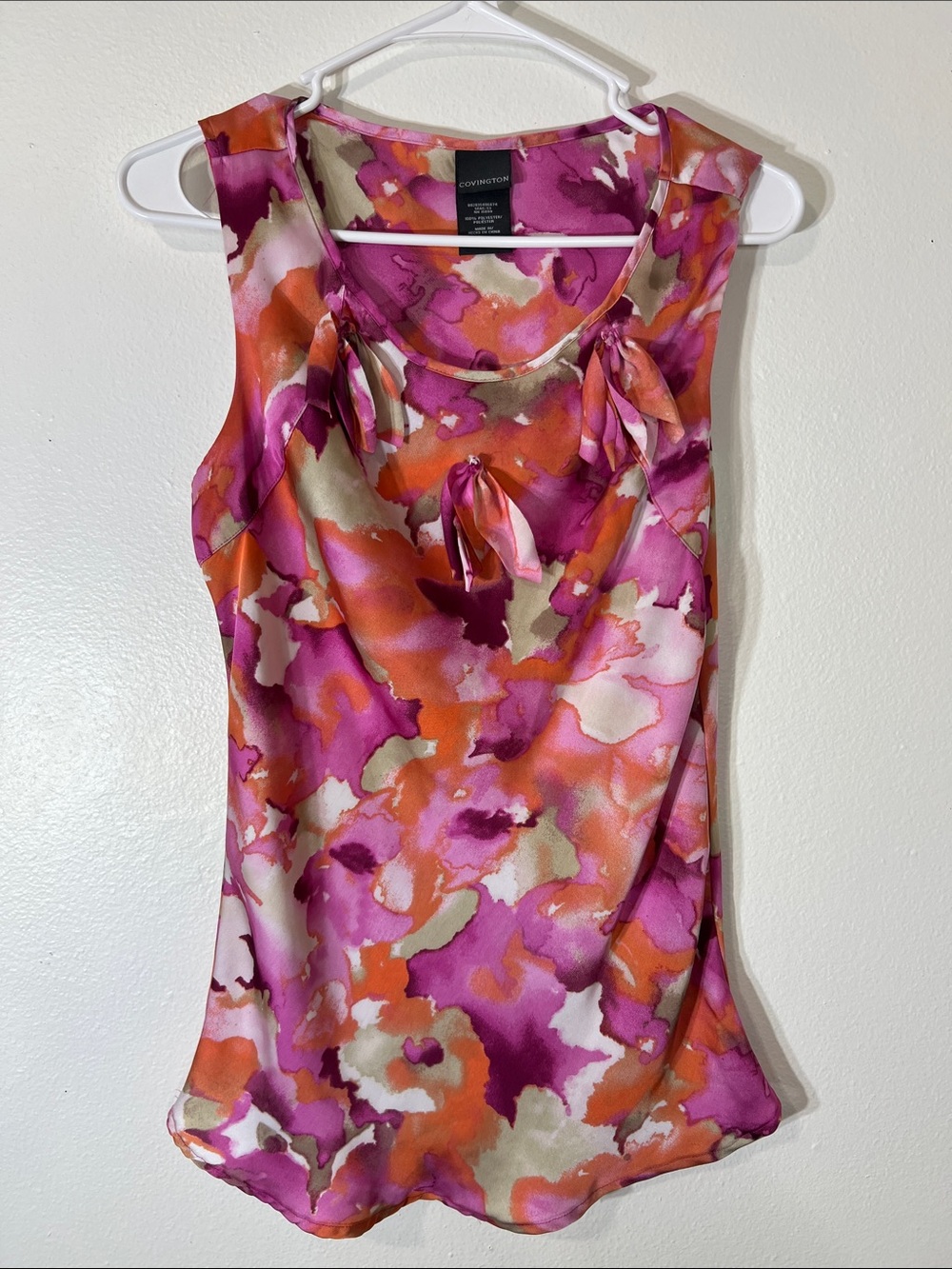 Covington Pink Orange Floral Watercolor Tie-Neck Sleeveless Top